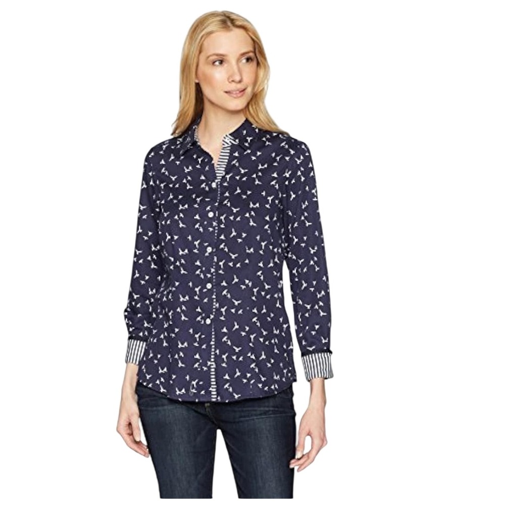 Foxcroft Womens Bird Print Button Down Top XL‎ No Iron Navy Blue Preppy Office